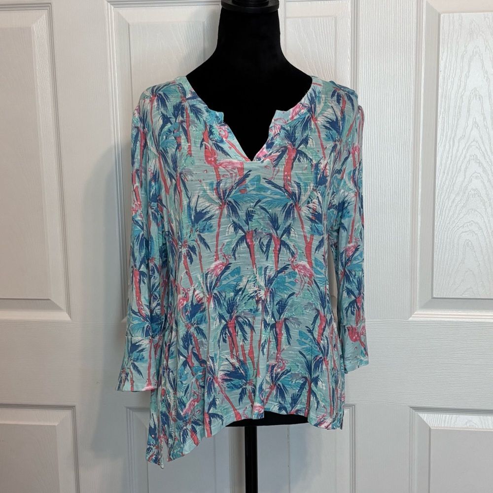 Casey Key Tropical Floral Beach Blouse Flutter 3/4 Sleeves Mint Pink Blue Size M